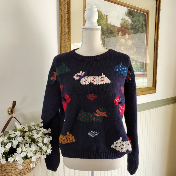 Paris Sports Club Sweaters - Vintage Scottish Terrier Scottie Dog sweater 90s bows navy Paris Sports Club M